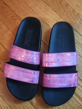 PINK Victoria's Secret Iridescent Pink Double-Strap Slide Sandals/ Women's